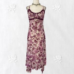 Early 2000's Crushed Burgundy Purple Velvet Mesh Lace Floral Midi Dress M